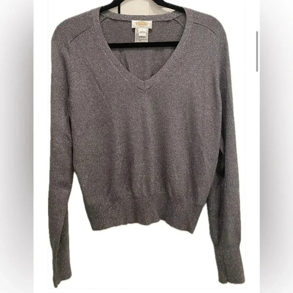 Vintage TALBOTS Women's Metallic Gray Knit Stretch V-Neck Long Sleeve Top Lg EUC - Picture 2 of 10
